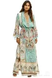 Women V-Neck Flower Printed Beaded Full Sleeve High Slit Silk Long Dress