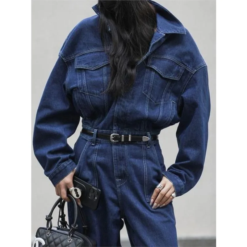 

2025 синий дизайнерский джинсовый комбинезон, женский весенне-осенний воротник, модная рабочая одежда, свободные брюки с большими карманами