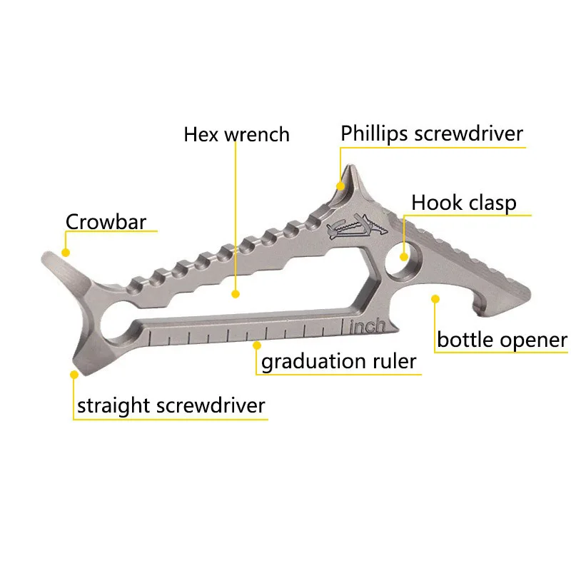 Shark Shape EDC Titanium Alloy Crowbar Multifunctional Hexagon Wrench Bottle Opener Phillips Straight screwdriver Ruler Keychain