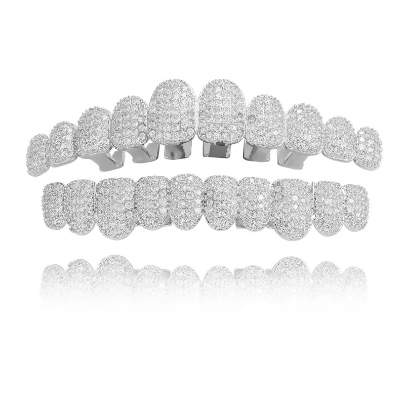 Hiphop Iced Out Zircon Tooth Grillz for Women Men 18k Gold Plated 3A Cubic Zirconia Mouth Teeth Grills 10 Bottom Top Teeths