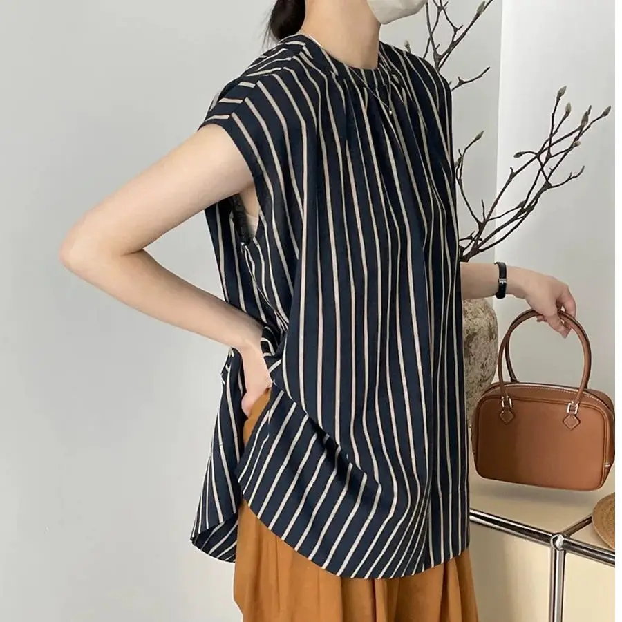 

plus Size 300 Pou Japanese Lazy Striped irt ex Summer Split Hem Svel Vest Top Youthful ular Daily Wear
