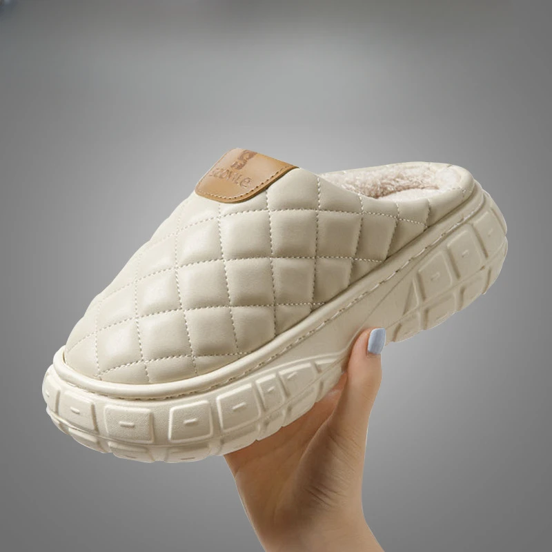 Women Cotton Slippers Winter 2024 New Thick Soled Waterproof Platform Indoor Warm Home Anti Slip Men Comfortable Plush Slippers