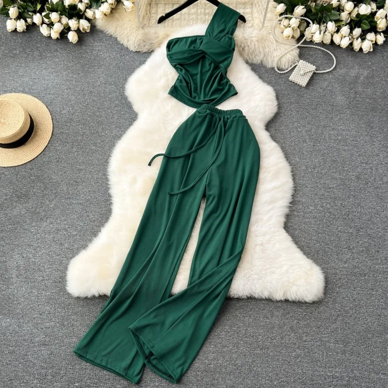 Women Summer Elegant Solid Chic Pantsuit Sexy Vintage Crop Tops Wide-Leg Pants Two Pieces Set Female Fashion Outfits Clothes