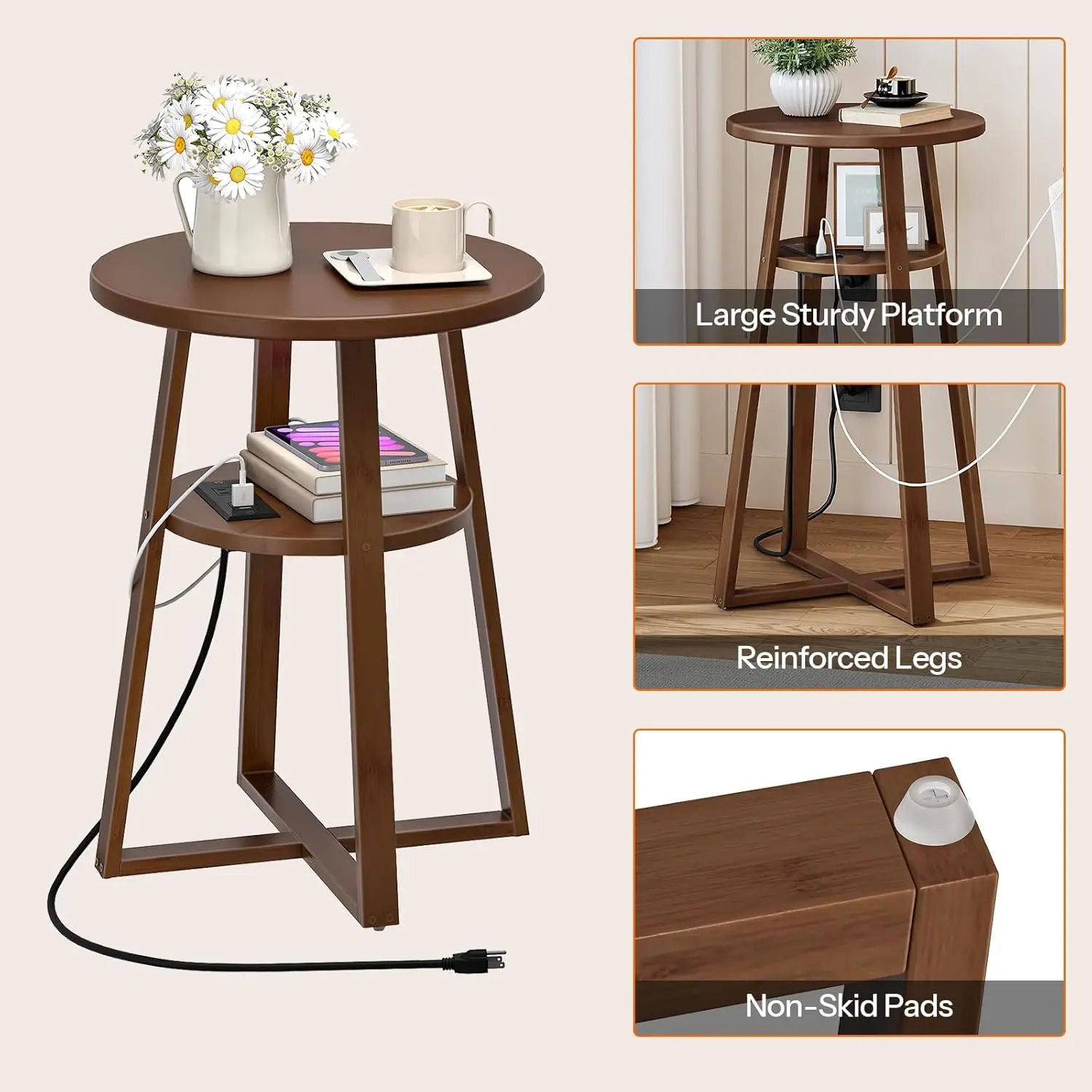 Round Side Table with Charging Station, Round Accent End Table with Bamboo Legs for Living Room, Bedroom, Brown, BR101UBZ01