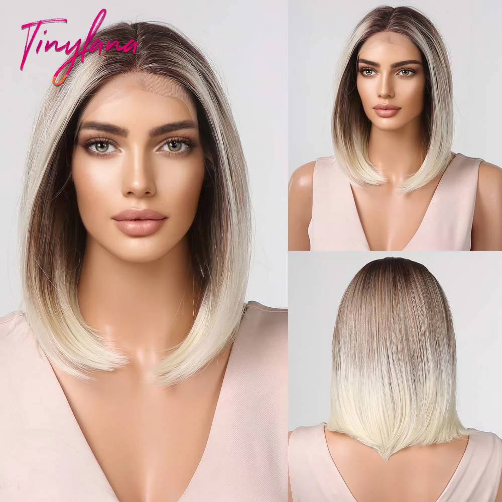 Short Straight Synthetic Lace Front Wigs Brown to Blonde Platinum Ombre Lace Hair for Women Afro Natural Daily Heat Resistant