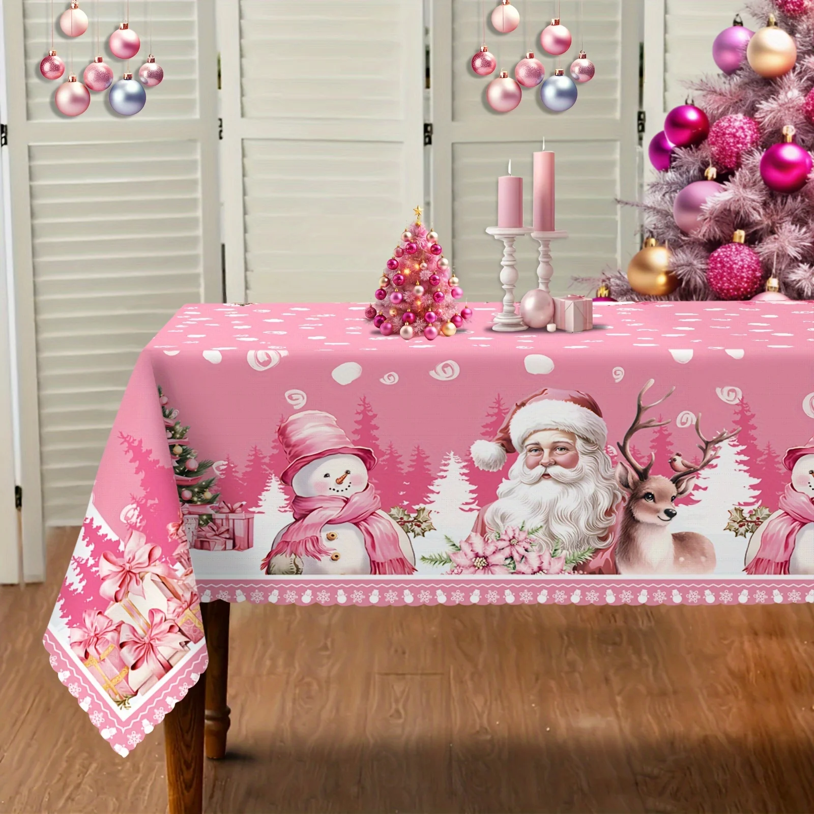 One circular Christmas tablecloth, a pink Santa Claus and reindeer snowman tablecloth.