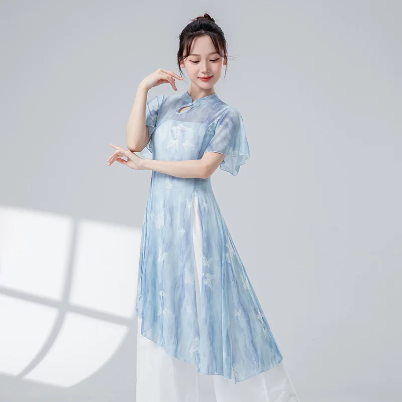 Top da danza classica da donna con orlo diviso, camicia lunga in rete di garza, collo cheongsam, performance Hanfu, camicetta fluida velata, abbigliamento da ballo