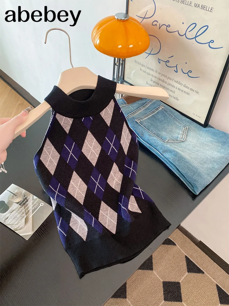 

New Vintage Plaid Sweater Vest Women Ulzzang Knitted Cozy Tender Preppy Style Soft 0-neck Loose Temper Girls Streetwear Camis