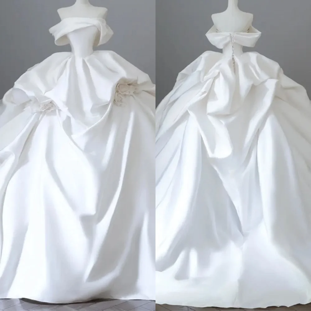 

Customized Classic White Satin Evening Dress High Quality Strapless Off the Shoulder Sleeveless Lace Up Back Homecoming Dress
