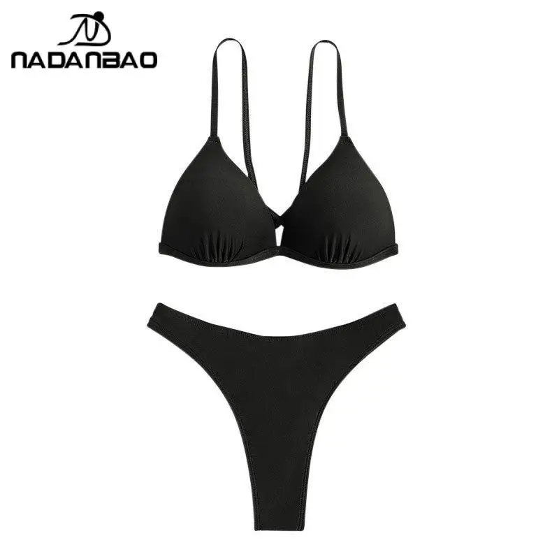 Nadanbao Costume da bagno vintage casual in due pezzi diviso basic da donna sexy tinta unita cravatta posteriore imbottita bikini taglio alto