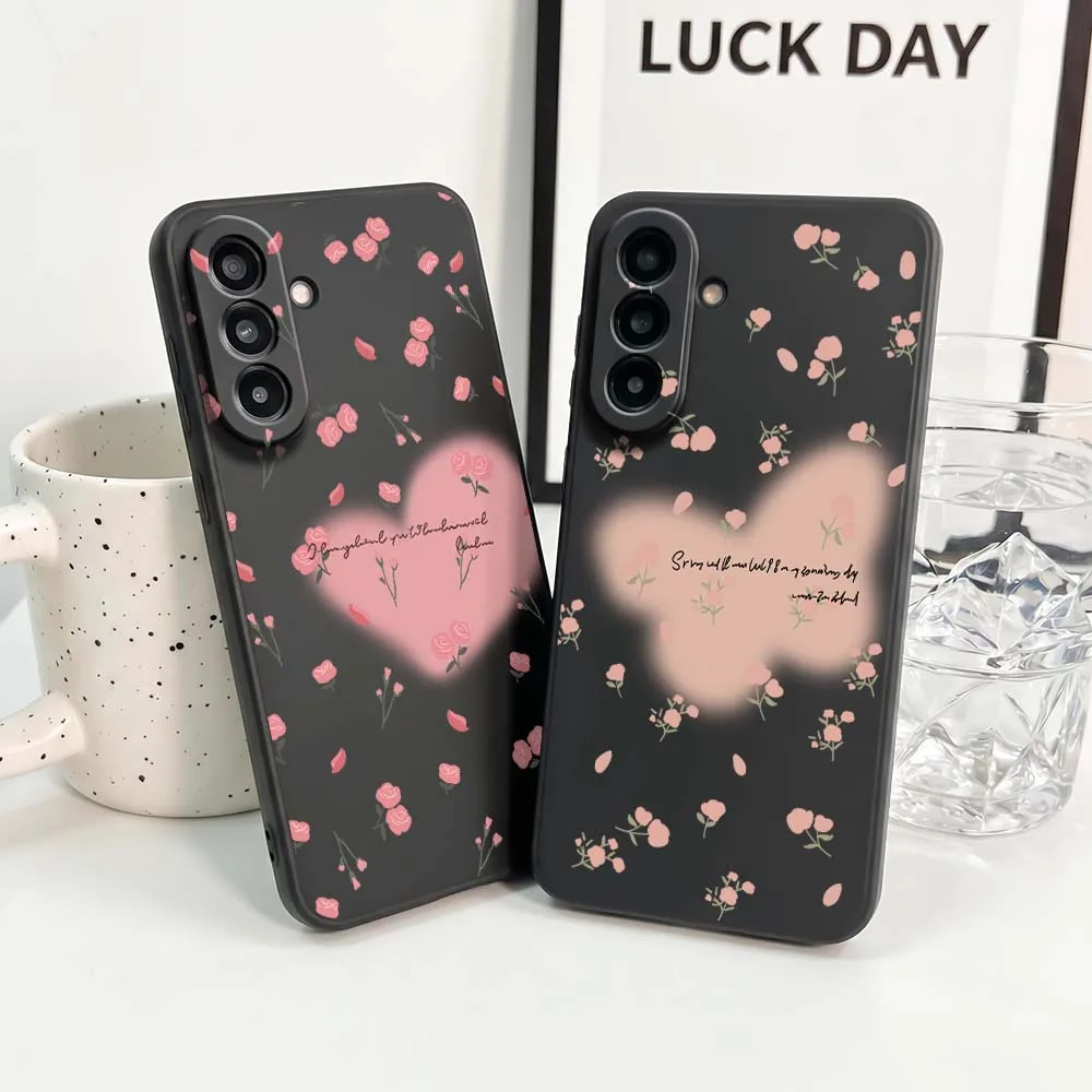Cartoon Pink Rose Phone Case For Samsung Note 20 10 A73 A72 A71 A56 A55 A54 A53 A52 A51 A42 A41 A36 A35 A34 Black