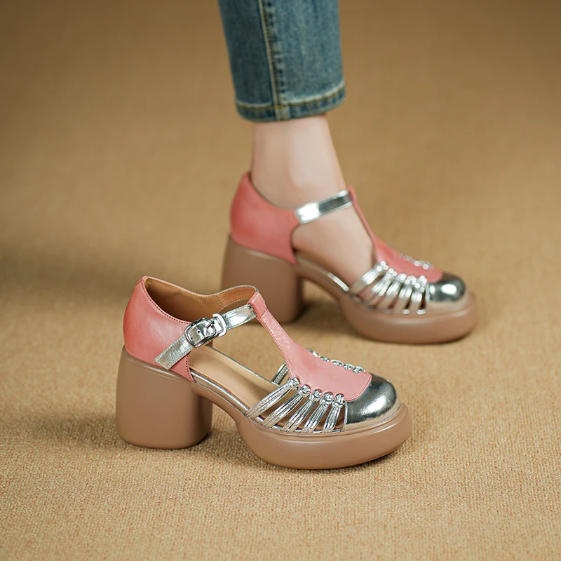 

Genuine Leather Cowhide Women Sandals,Vintage Closed Toe Thick Sole Gladiator High Heels,Platform Summer Women Shoes