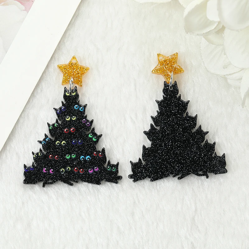 10Pcs Christmas Tree Charms Creative Acrylic Black Cat Star Gingle Bell Pendant For Keychain Necklace Jewelry Diy Making