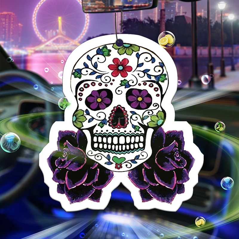 Cabeza de calavera impresa púrpura, aromaterapia montada en el coche, perfume para coche, colgante de fragancia duradera fuera del viento, boca sach