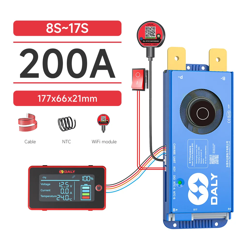 DALY Smart BMS 4S 8S 16S 40A 60A 100A 150A 200A 12V 24V 48V LiFePo4 1A Actieve Balancer BMS met LCD RS485 UART WIFI KEY