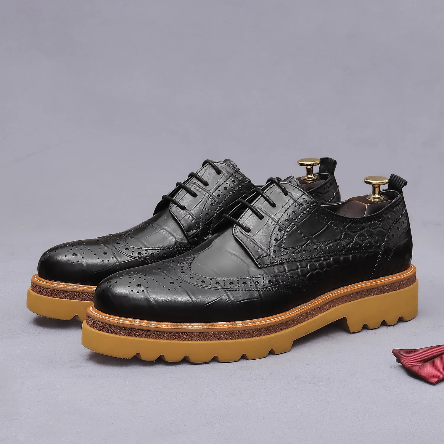 

Carved Brogue Men Formal Shoes, 4cm Height Boost Thick Sole Derby Shoes, Real Leather Business Casual Wedding Host Dress Shoes