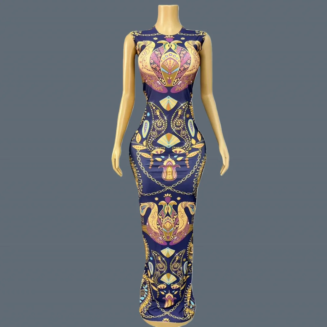 

Spandex Sleeveless Printing Women Evening Dress Birthday Celebrate Party Photo Shoot Wear Festival Celebrate Show Outfit Gudian