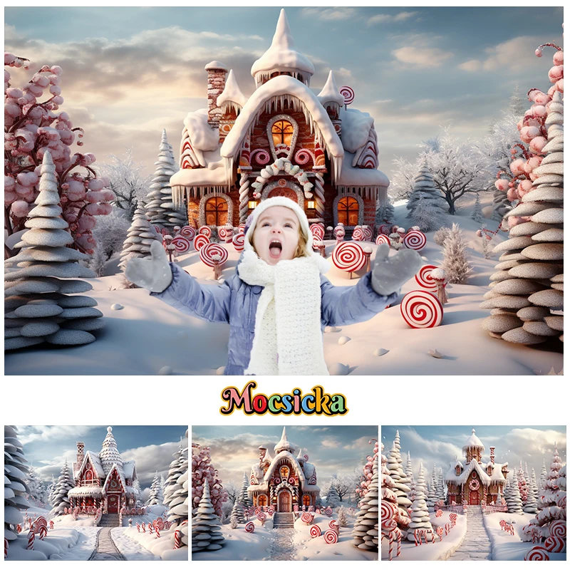 

Christmas Candy House Background Photography Winter Xmas Tree Snow Lollipop Decor Kids Portrait Birthday Party Photo Studio