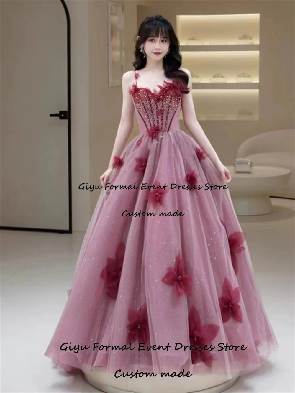 Giyu Fairy 3D Followers Evening Gown Dress Shining Spaghetti Strap Floor-Length Wedding Party Dress Graduation Dress