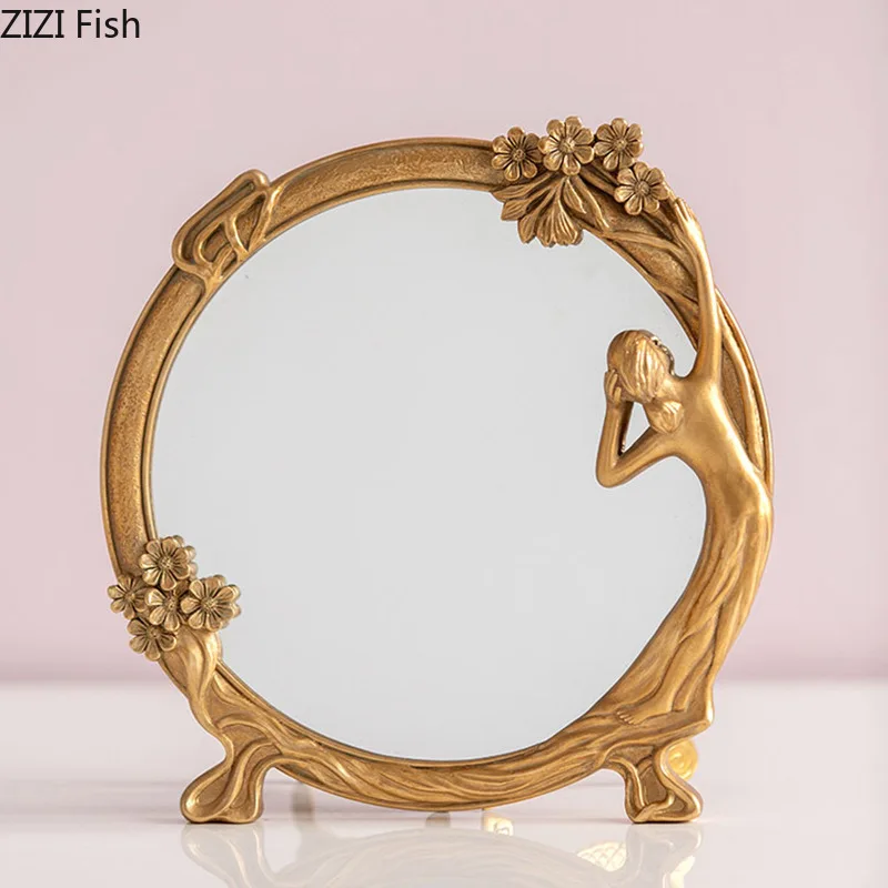 Palace Maid Relief Dressing Mirror Dressing Table Circular Decorative Mirrors Vintage Home Decor Vanity Mirror Home Crafts