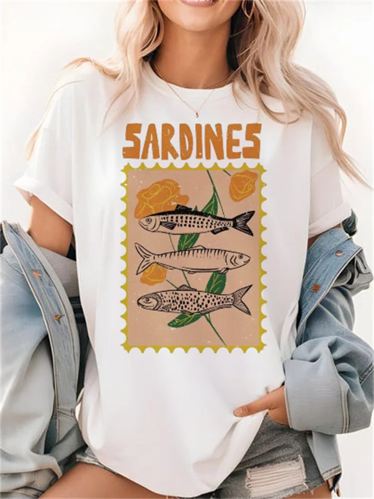 Sardine Stamp Print Short Sleeve Travel Summer Cute Style Women's Casual Cartoon Holiday O-Neck Women's Top Popular T-Shirt