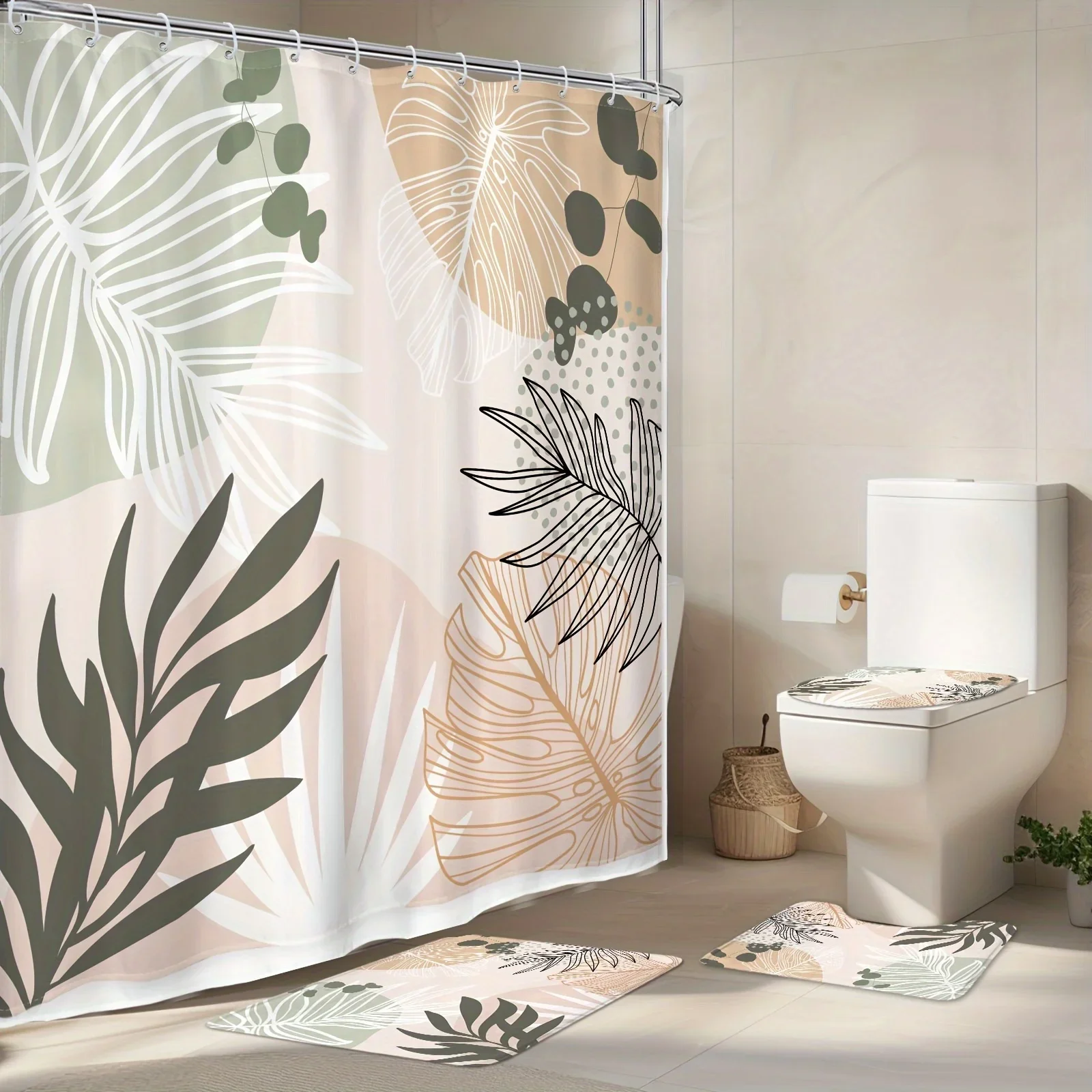 

Набор из 4-х богемных зеленых штор для душа, абстрактные современные эстетические занавески для душа середины века с тропическими листьями и крючками