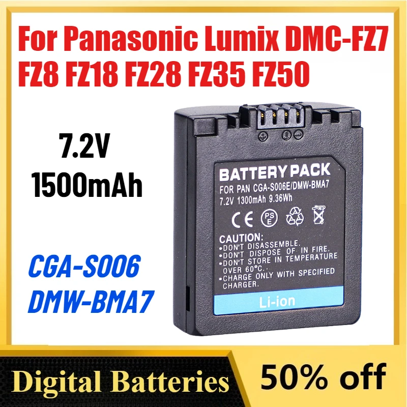 

High-Quality 1500mAh 7.2V CGA-S006 DMW-BMA7 Battery for Panasonic Lumix DMC-FZ7 FZ8 FZ18 FZ28 FZ35 FZ50 Digital Batteries