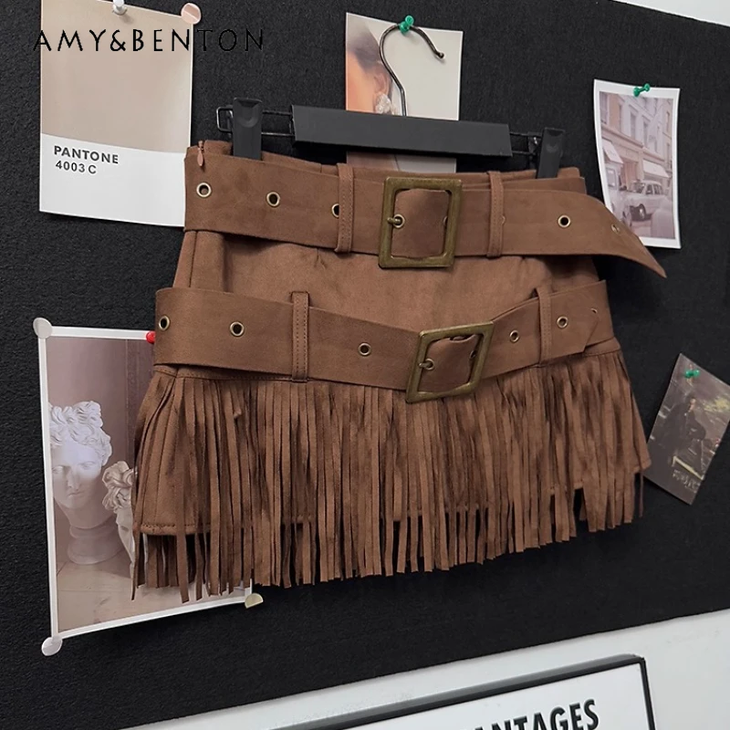 

American Retro Hot Girl Fashion Slimming Tassel Women's Short Skirt Spring Summer Elegant Sexy Double Belt Half Skirts ladies