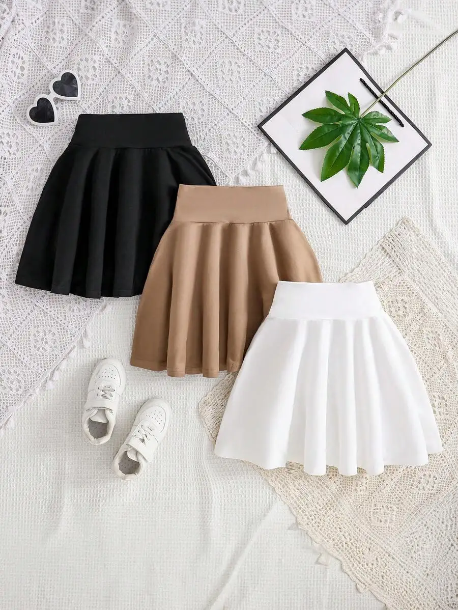 

Набор из 3 плиссированных юбок для девочек в черном, бежевом и белом цветах - мягкие, дышащие, повседневные летние юбки