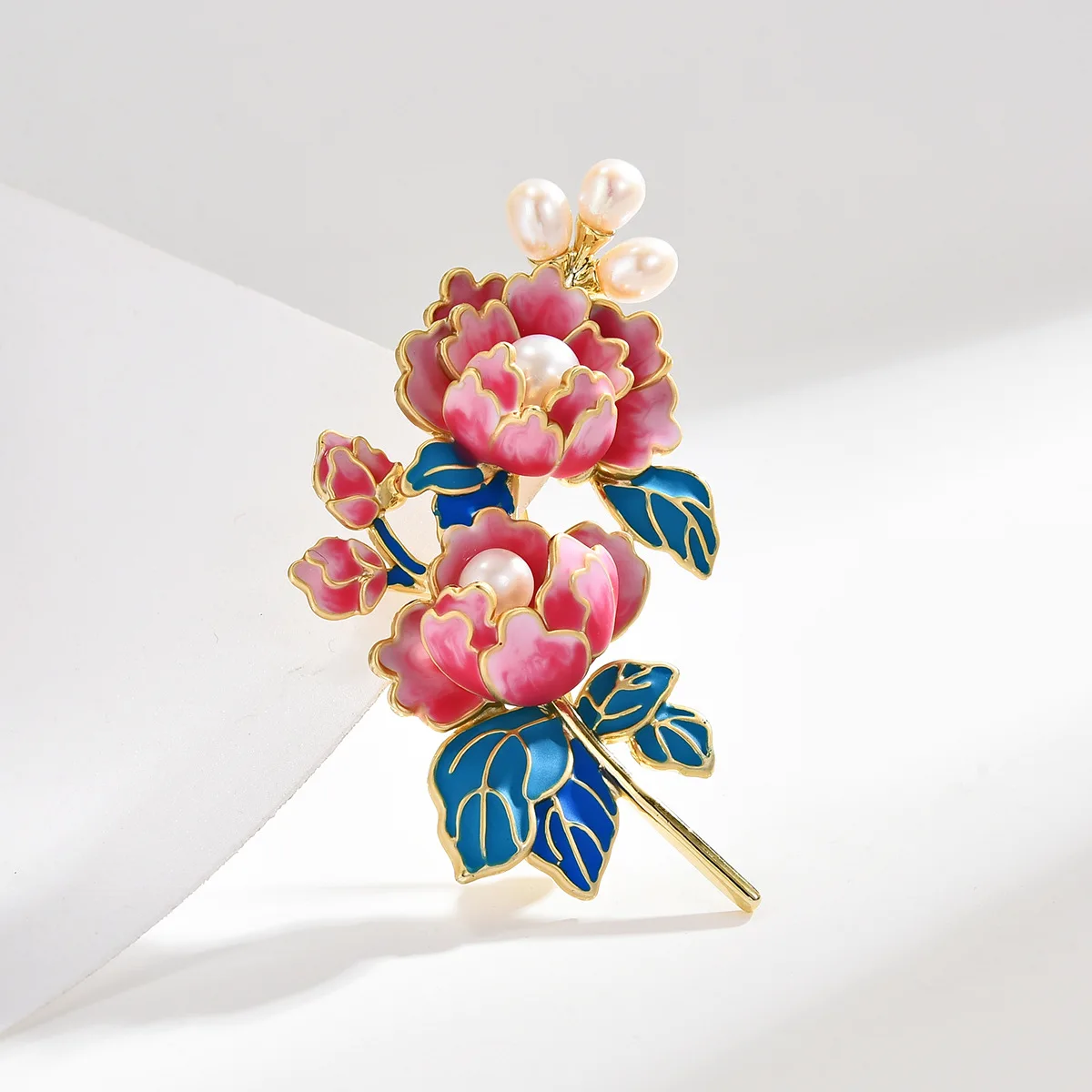 Rinhoo Imitation Perle Blau Pfingstrose Blume Brosche Für Frauen Luxus Perle Floral Pins Pflanze Emaille Abzeichen Elegante Dame Schmuck Geschenk – Detail 3