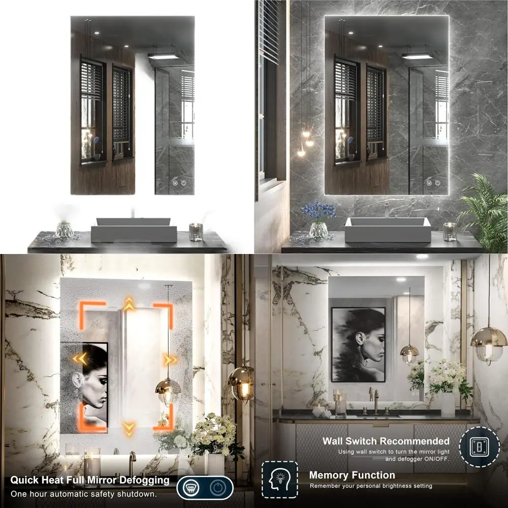 Miroir de courtoisie rétroéclairé 36 x 28 LED, éclairage tricolore, antibuée, variable, mural