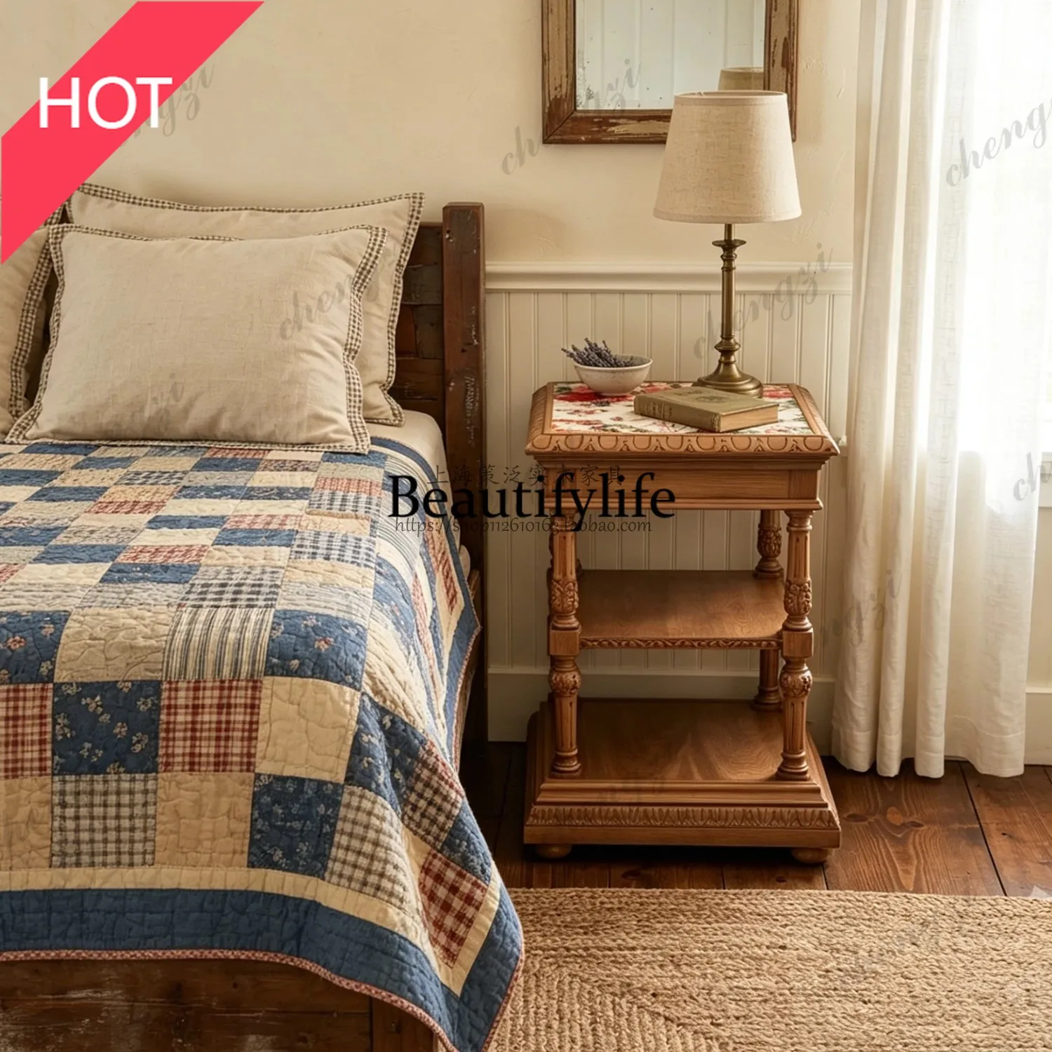 M02 French retro solid wood carving flower bedside table printed countertop bedside table three-layer storage edge table