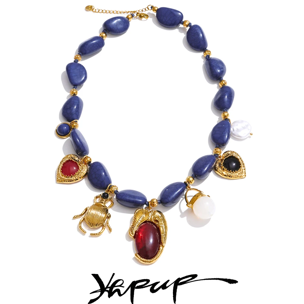 Yhpup Elegante unico blu acrilico catena perla cuore insetto goccia collana orecchini ciondolo in acciaio inossidabile regalo di gioielli fatti a mano