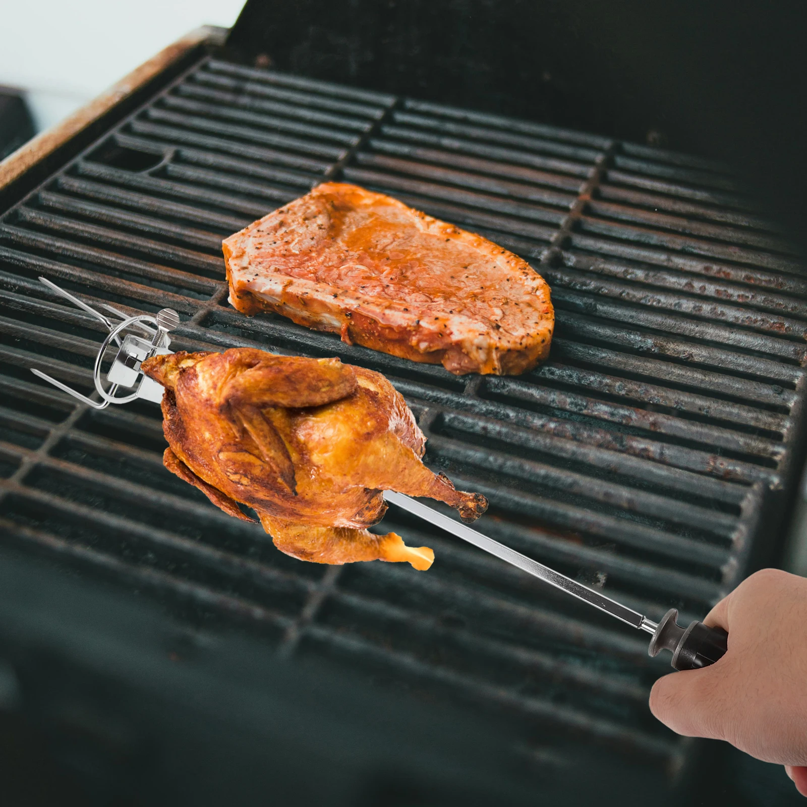 

1 set 1 Set Rotating Turkey Bbq Roasting Chicken Spit Rod Air Fryer Oven Grilling Meat Forks Lightweight Portable Kitchen Gadget