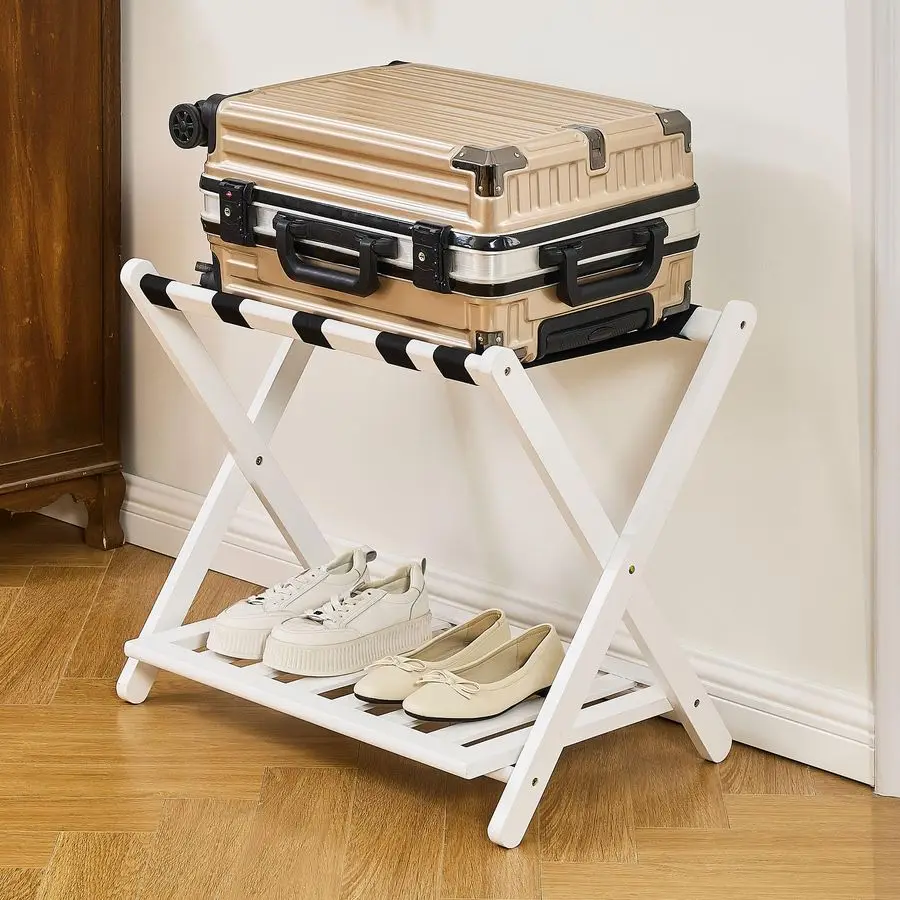 

Полностью собранный багажный стеллаж для гостевой комнаты, складная бамбуковая подставка для чемоданов с полкой для хранения, стойка для багажа с 5 нейлоновыми ремнями