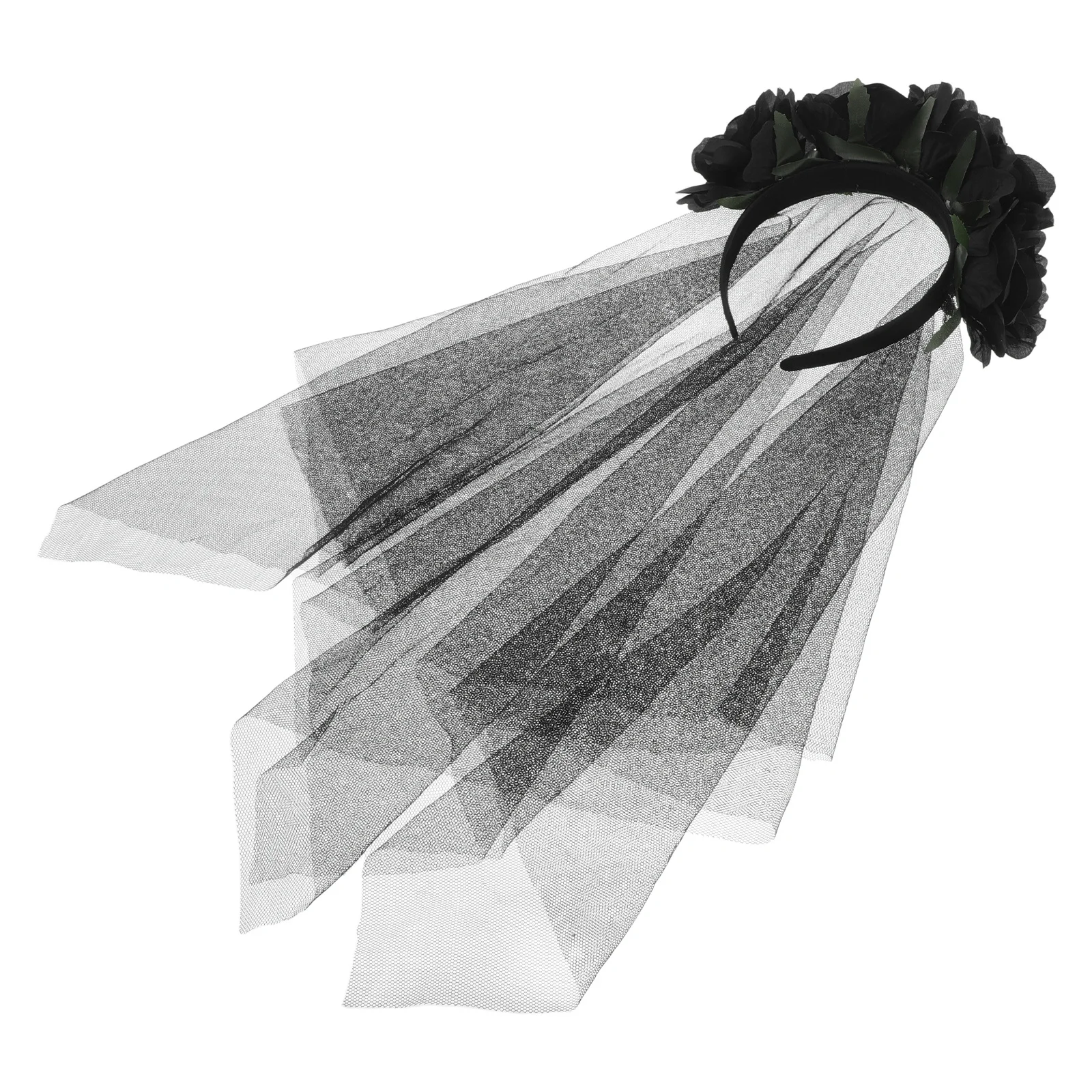 

Призрачная вуаль невесты, черные розы, готическая повязка на голову с цветочным принтом, аксессуар для косплея на Хэллоуин, костюм ведьмы мертвых