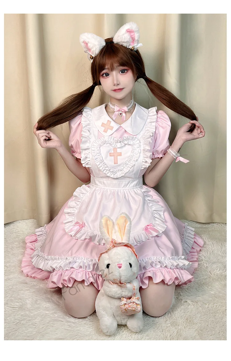 IOOTIANY Gothic Lolita Cosplay, japanisches Anime-Kostüm, cremefarbenes, herzförmiges, rosafarbenes Lolita-Kleid, Kostüm im Stil einer Dienstmädchenuniform, kurzärmelige Krankenschwesteruniform. – Detail 5