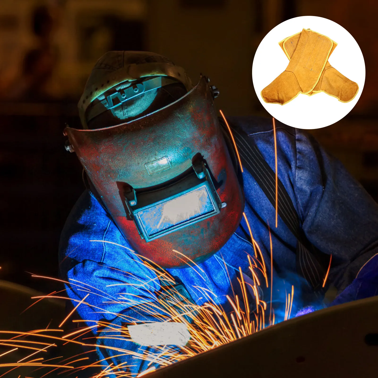 

1 пара защитных накладок для ног при сварке, прочный дизайн из воловьей кожи, функция быстрого надевания и снятия, надежная защита от искр и ожогов.