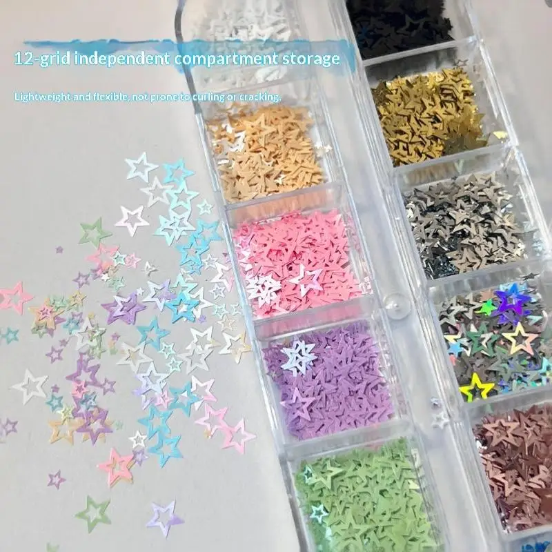 1 Set 12 Grids Hollow Star Nail Art Glitter Sequins Multiple Colors Individual Compartments For DIY And Salon Nail Art Use