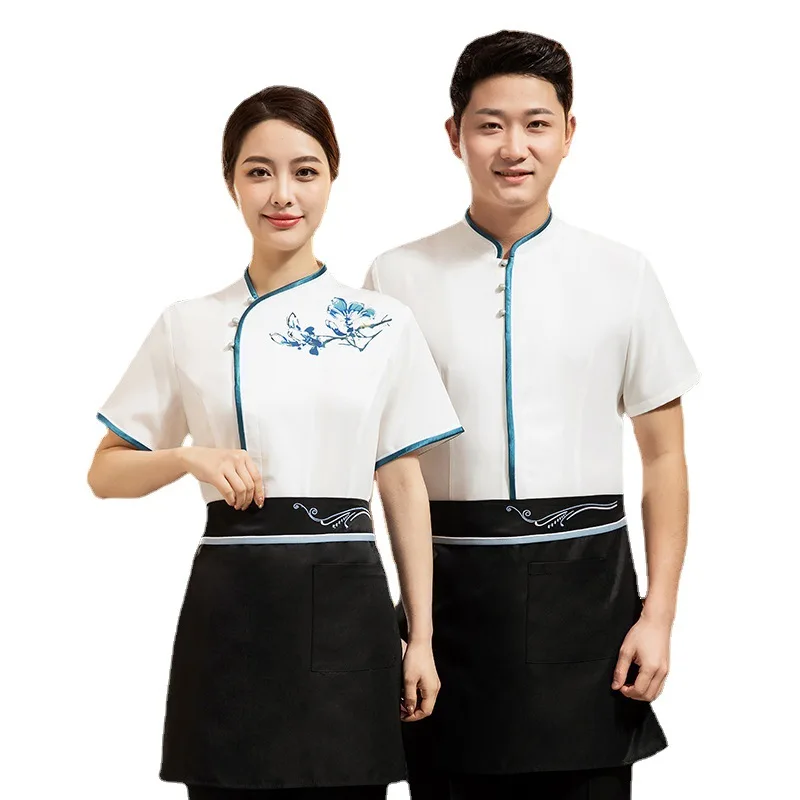 Hotel Catering Waiter Workwear Summer Short Sleeve Women's Chinese Style Restaurant Ding Room Tea House Hot Pot Restaurant Summe