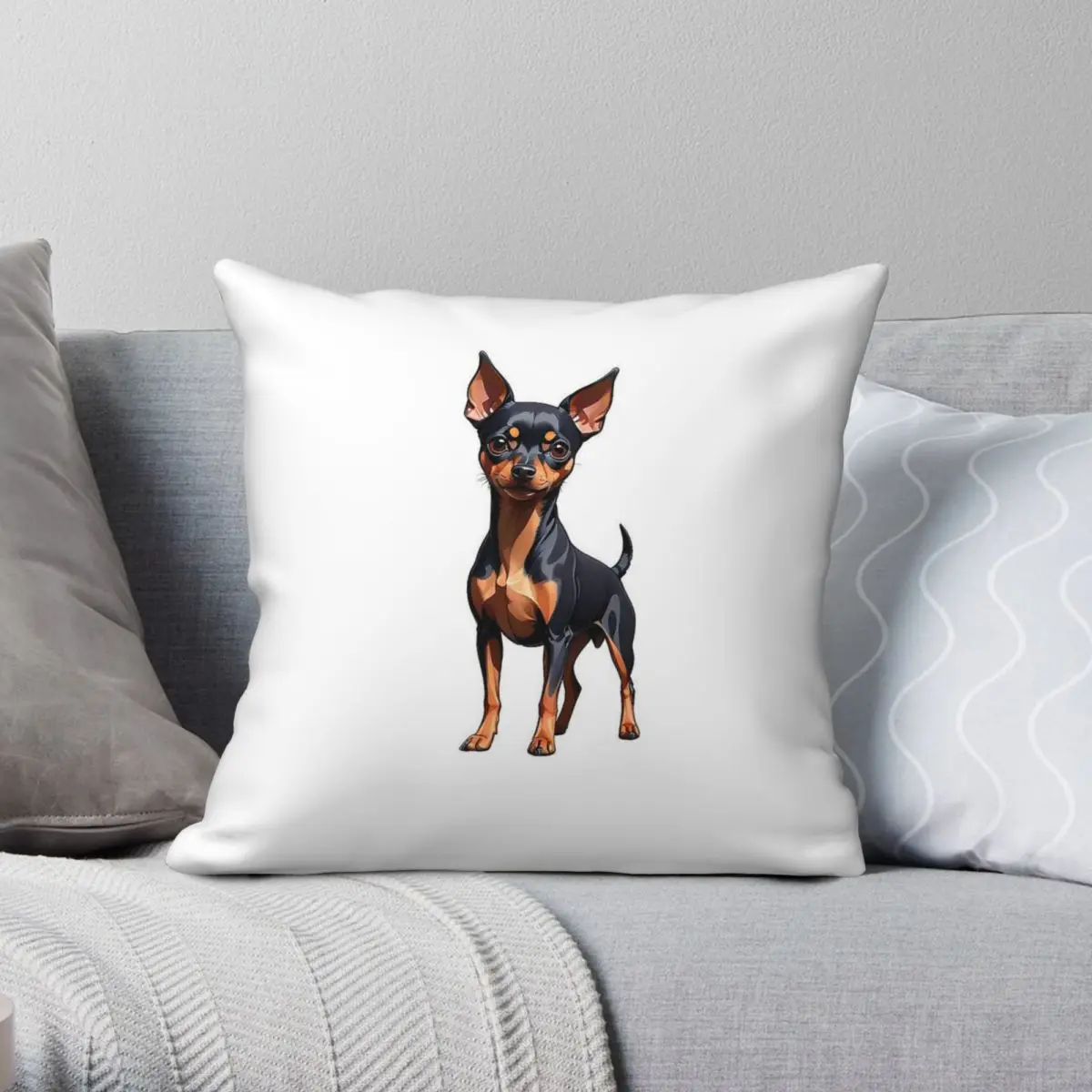 Funda de almohada de perro Pinscher en miniatura, funda de almohada decorativa con cremallera estampada de terciopelo y lino de poliéster, funda de cojín para el hogar
