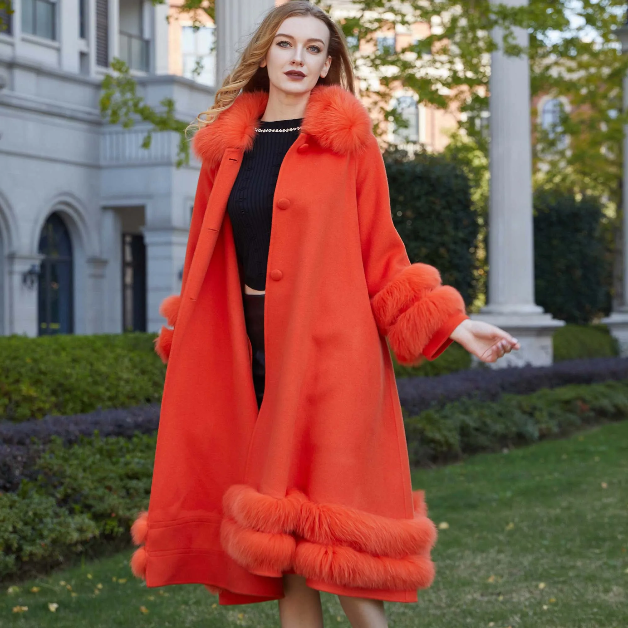 Long Women Woolen Cashmere Big Fur Collar Blended Coat Big Fur Trim Fashion Winter Double Face Jacket