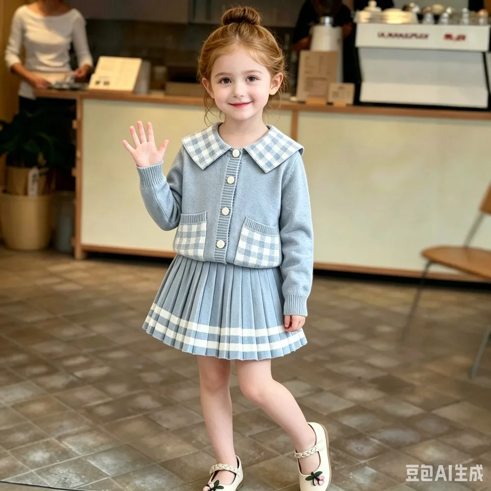 bear-leader-girls'-clothes-autumn-winter-sweater-children's-set-checkered-print-lapel-long-sleeved-cardigan-top-pleated-skirt