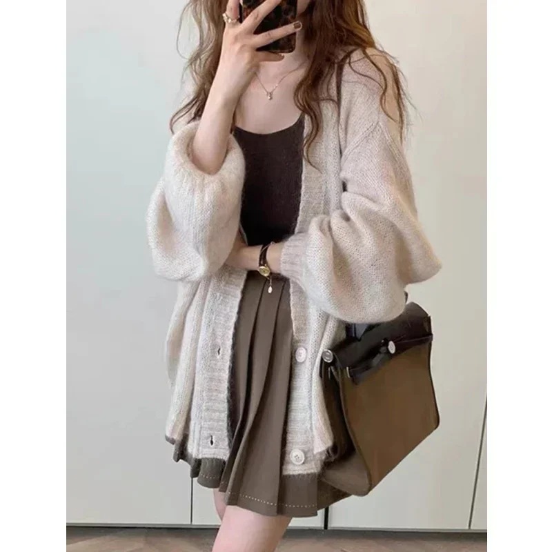 Cropped Cardigan Medium Length Lantern Sleeved Mohair Knitted Cardigan Jacket For Women\'s Summer Loose And Lazy Thin Shawl Top