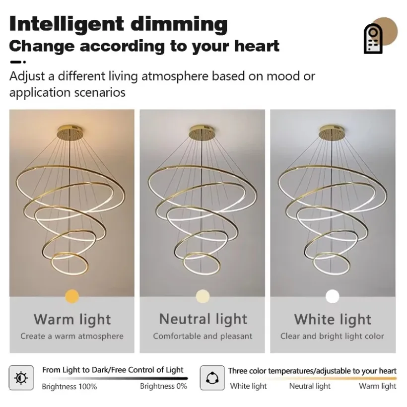 Modern LED Staircase Pendant Lamp Gold Stainless Steel Hotel Villa Living Room Decor Lighting Ring Dining Room Chandelier Light