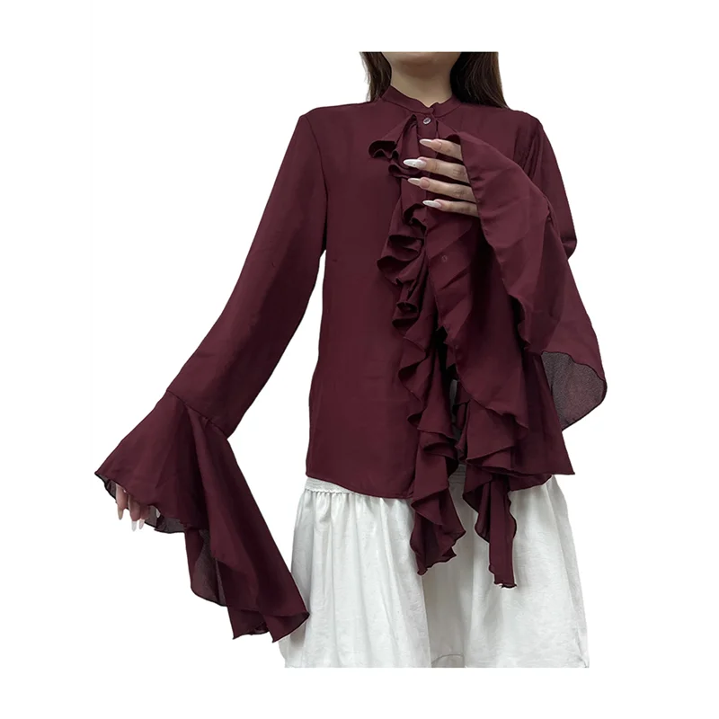 

CGS-женские повседневные блузки с расклешенными рукавами и воротником-стойкой, топы с рюшами, летняя модная рубашка для отпуска