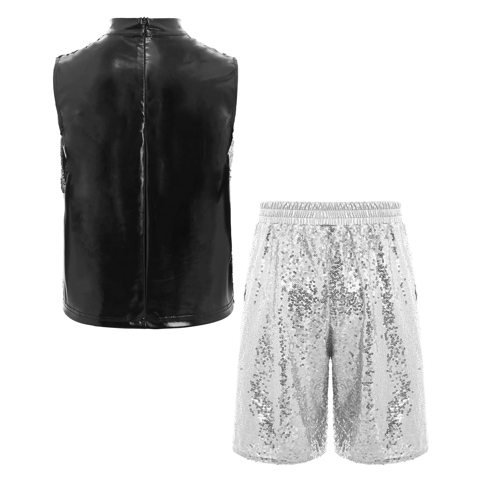 

Детские костюмы для джазовых танцев, танго, современных уличных танцев, топ без рукавов с блестящими пайетками и цветными блоками, комплекты с шортами