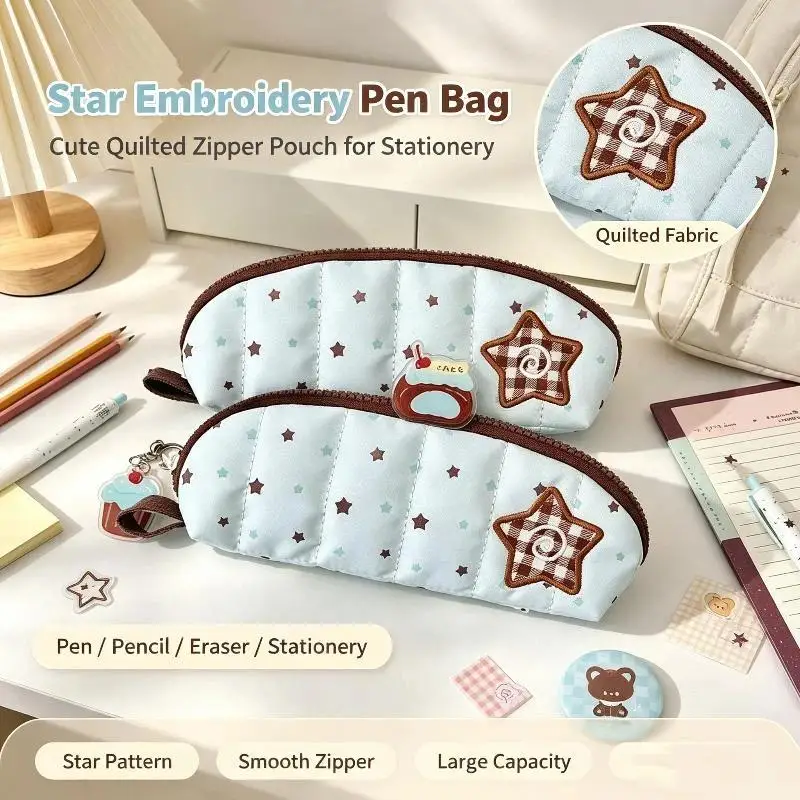 Kawaii-Stickerei-Stifthalter, tragbar, große Kapazität, Stern-Stiftetui mit Reißverschluss, niedliche Stern-Cartoon-Schreibwaren-Tasche – Detail 1