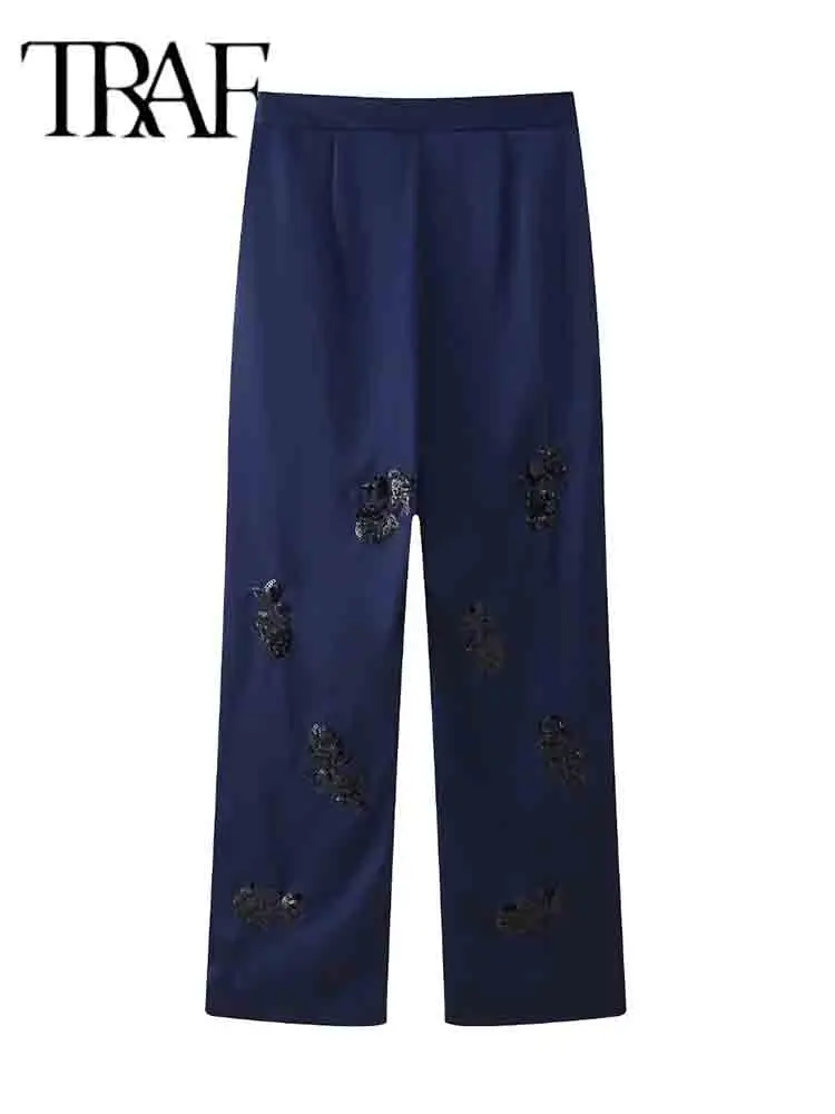TRAF Sequin Pants Sets For Women 2 Pieces 2024 New Fashion Satin Kimono Coat Women's Suit Elegant Two Piece Set Women Outfit