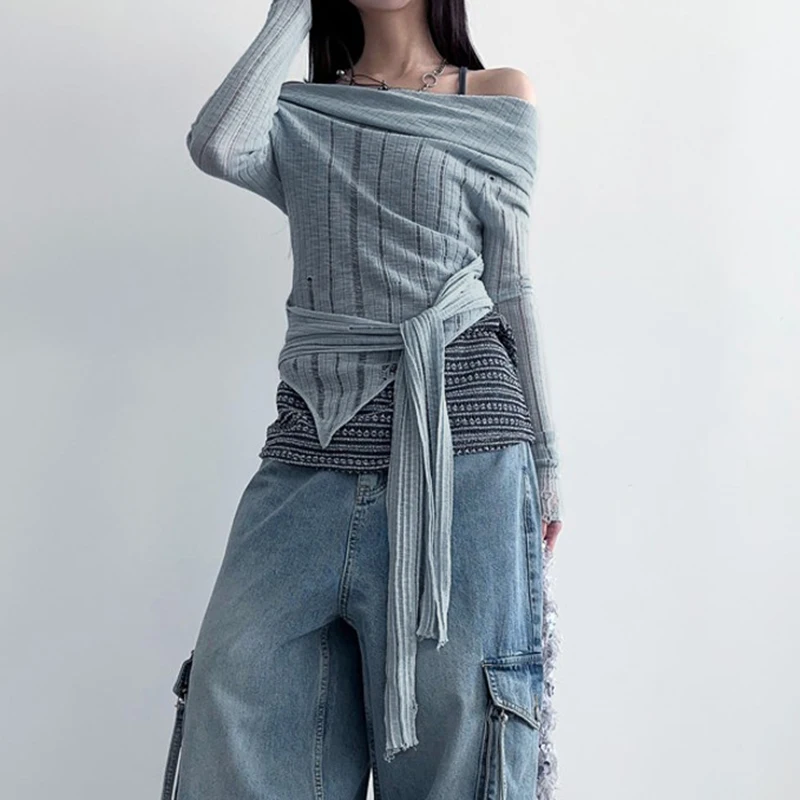 CIBBAR Autumn Off-shoulder Ripped Sweater y2k 2000s Bandage Irregular Women Jumpers Vintage Slash Neck Pullovers Knitwears Basic